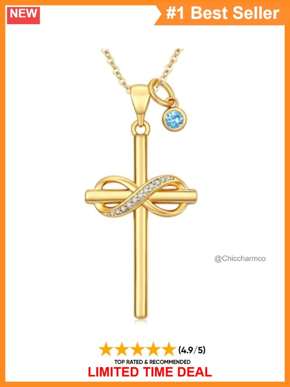 14K Gold Plated Infinity Cross Necklace Birthstone CZ